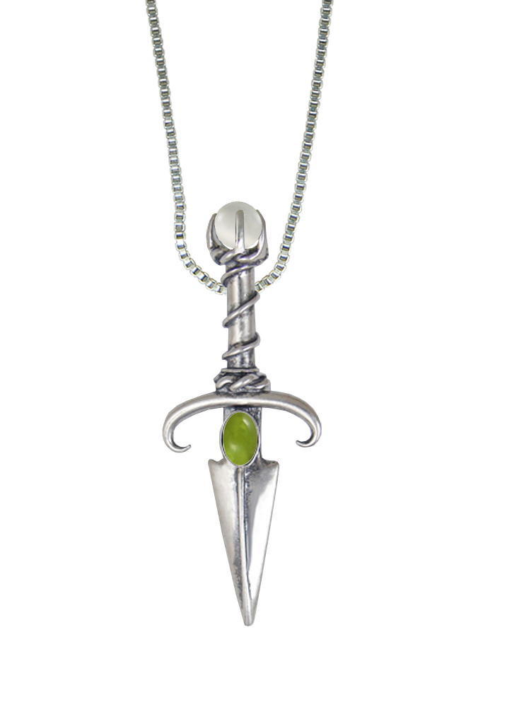 Sterling Silver Black Prince's Knife Dagger Pendant With Peridot And a Clear Glass Bead